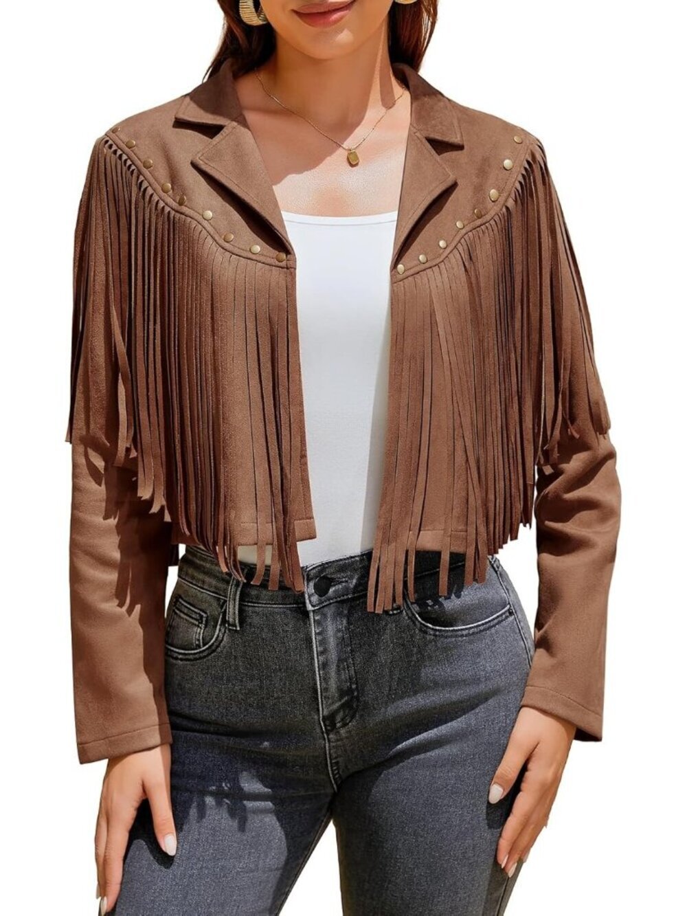 Women's Dark Brown Fringe Faux Suede Leather Jackets Fashion Fall Western Tassel